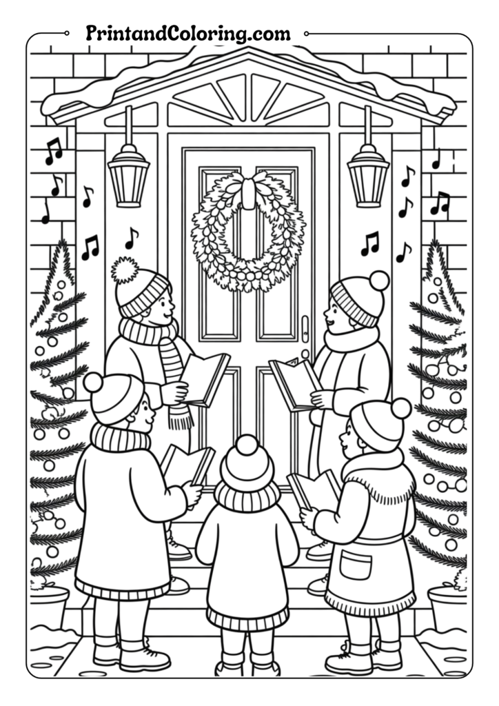 Carolers at the Doorstep Christmas Coloring Pages